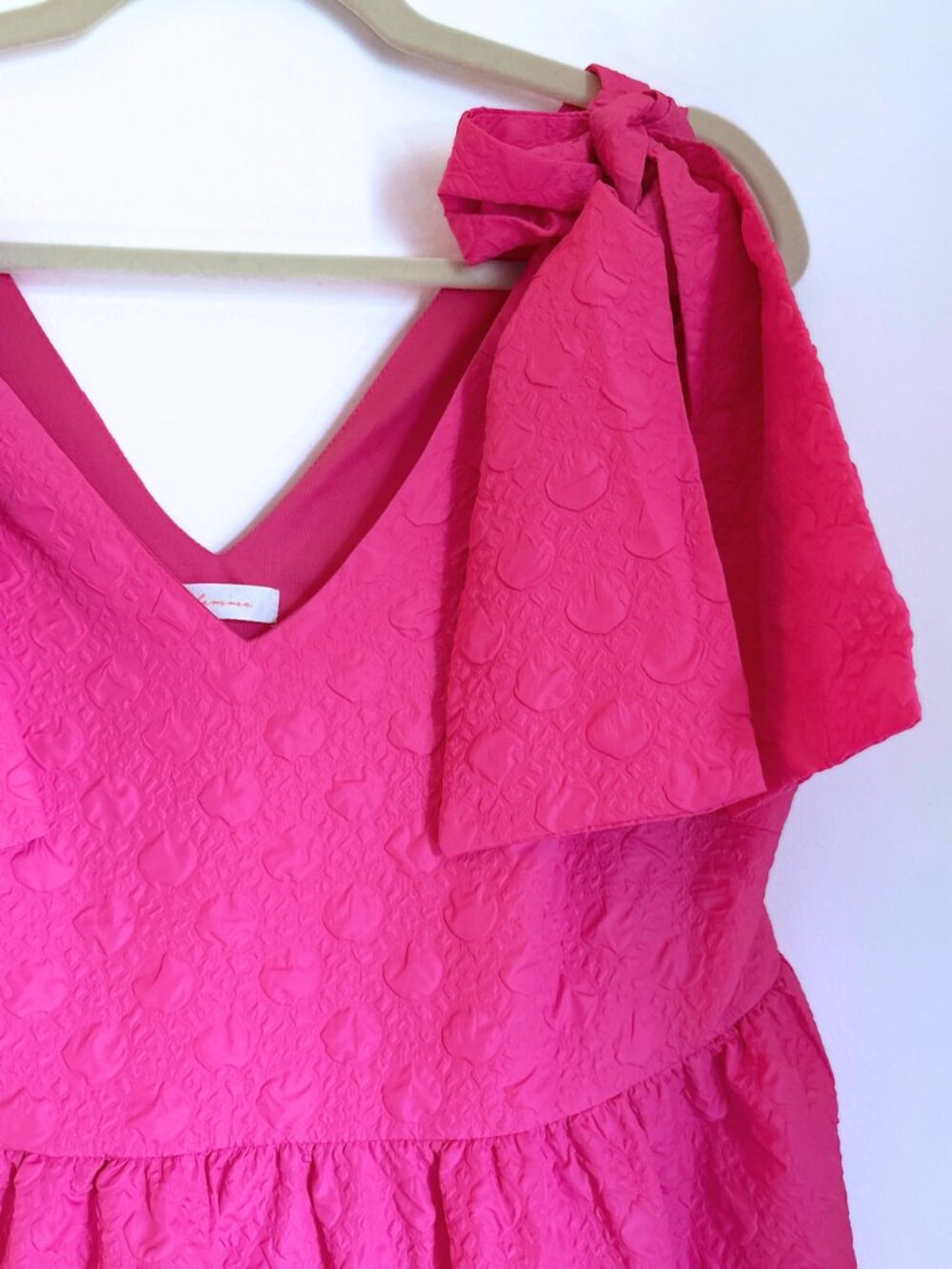 Ces Femme Hot Pink Bow Shoulder Dress 💖 | Textured Tiered Mini (L) - Picture 5 of 6